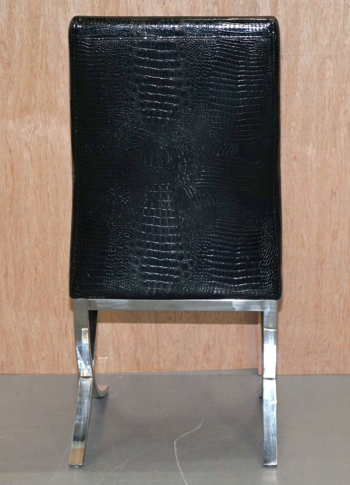 photo for sale Set Of Eight Chrome Black Faux Alligator Crocodile Patina Leather Dining Chairs
