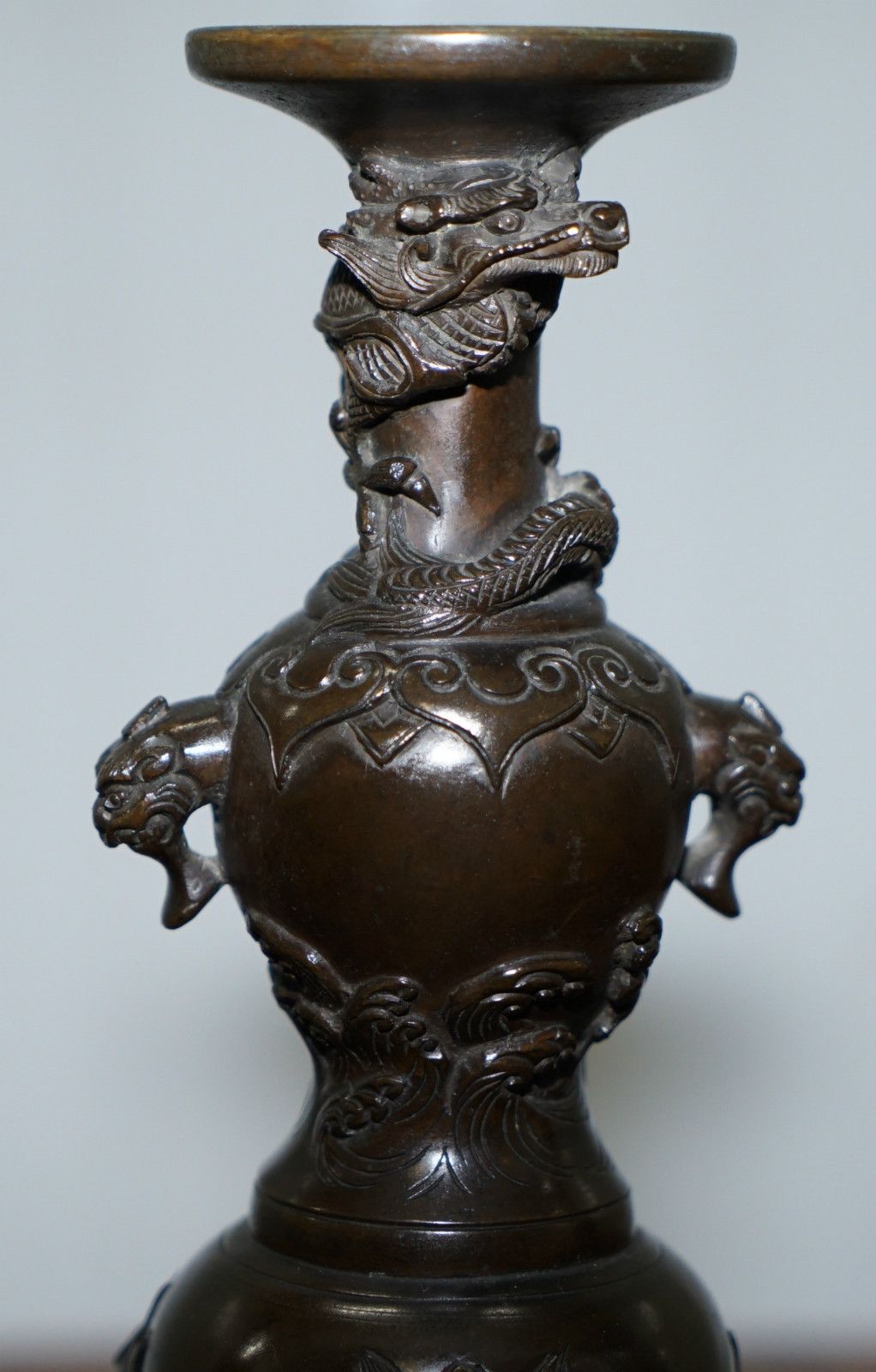 Rare Japanese Meiji Period Circa 1870 Pair Of Bronze Dragon Candlestick Holders photo for sale