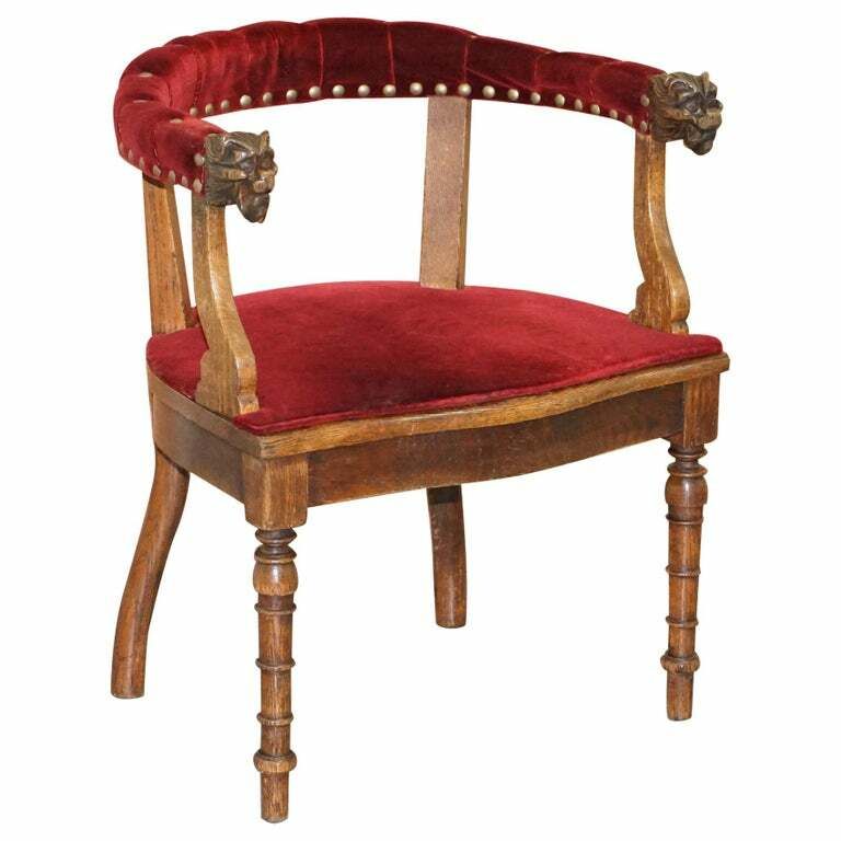 Lovely Antique Regency Oak Carved Bergere Armchair With Lions Head Arms Velvet