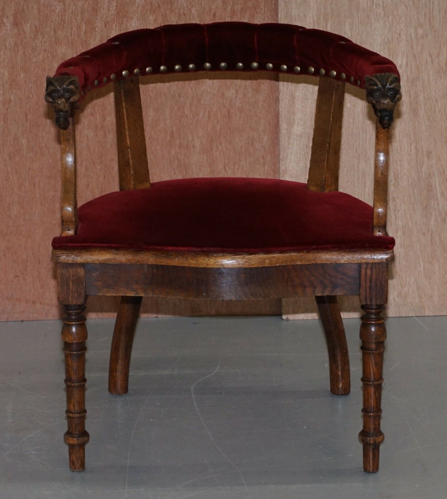 Lovely Antique Regency Oak Carved Bergere Armchair With Lions Head Arms Velvet photo Furniture