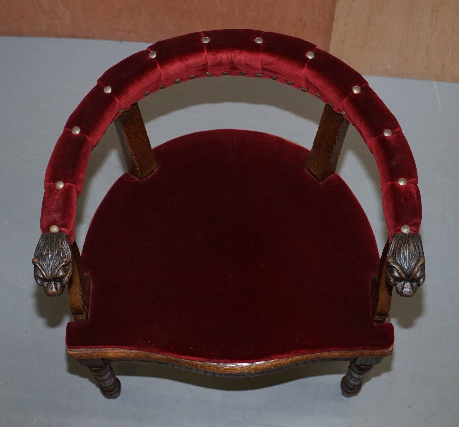 Lovely Antique Regency Oak Carved Bergere Armchair With Lions Head Arms Velvet photo vinterior