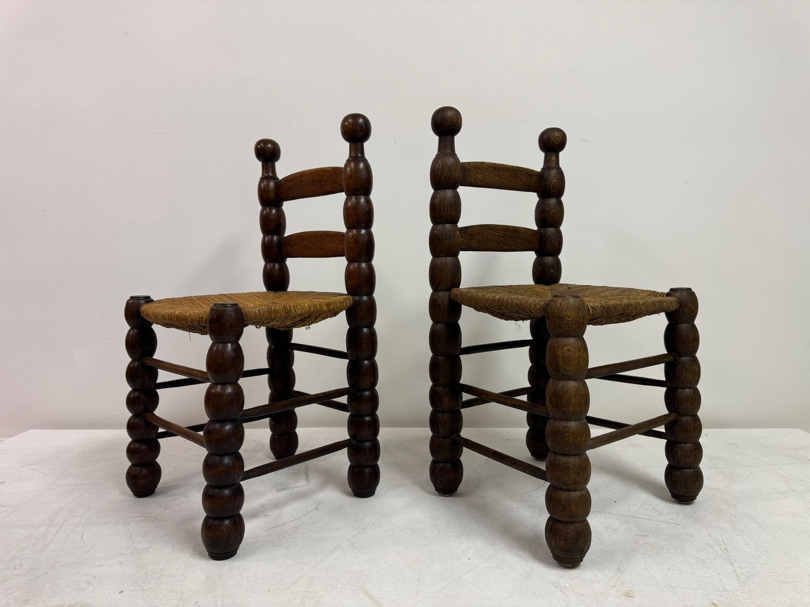 Pair Of French Turned Wood Chairs With Rush Seats, In The Style Of Charles Dudouyt, 1940s photo for sale