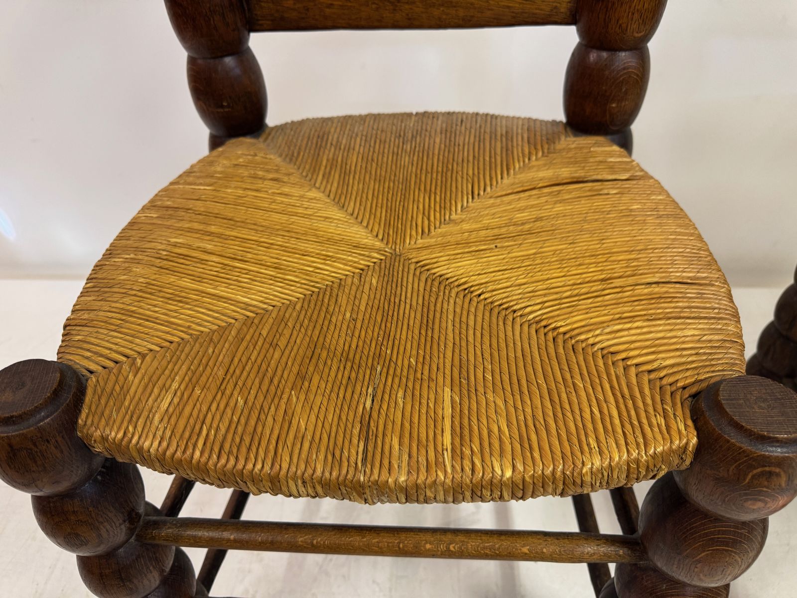Pair Of French Turned Wood Chairs With Rush Seats, In The Style Of Charles Dudouyt, 1940s photo 1195.0