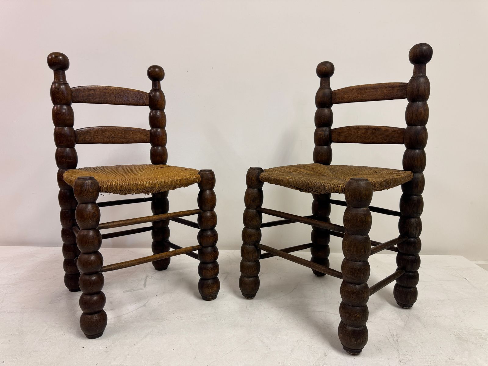 Pair Of French Turned Wood Chairs With Rush Seats, In The Style Of Charles Dudouyt, 1940s photo buy