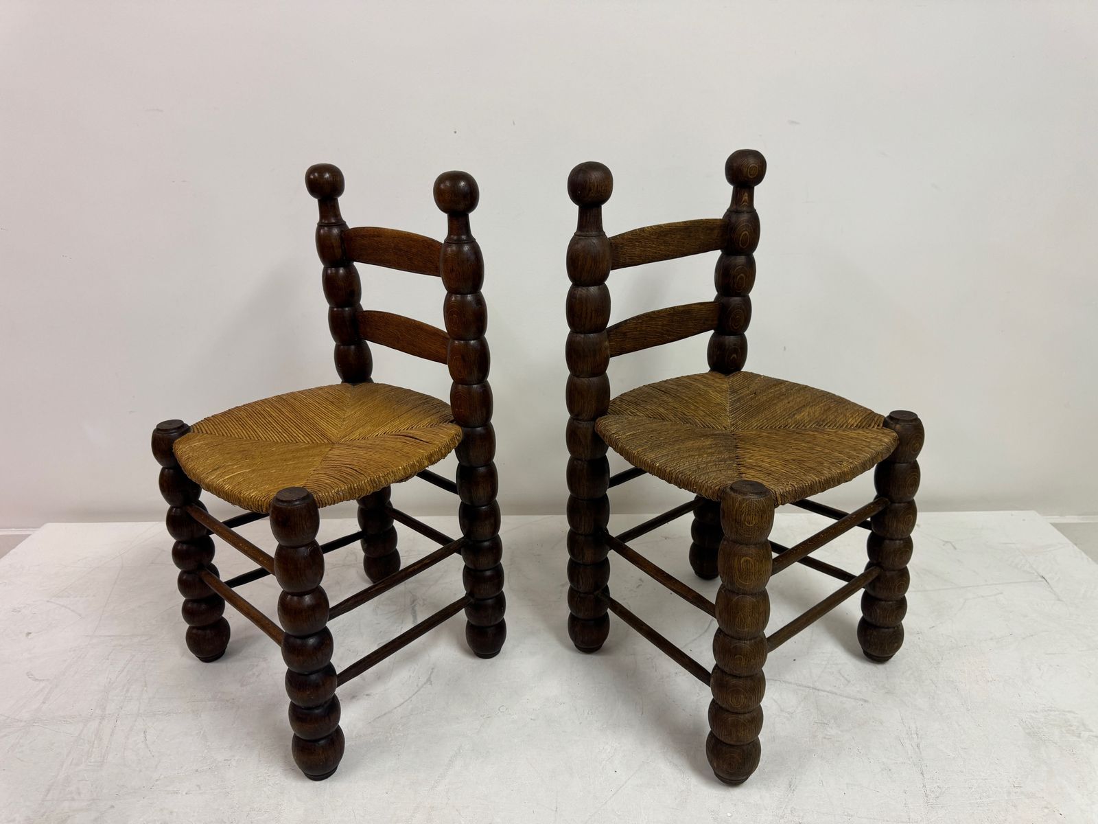 1195.0 Pair Of French Turned Wood Chairs With Rush Seats, In The Style Of Charles Dudouyt, 1940s photo