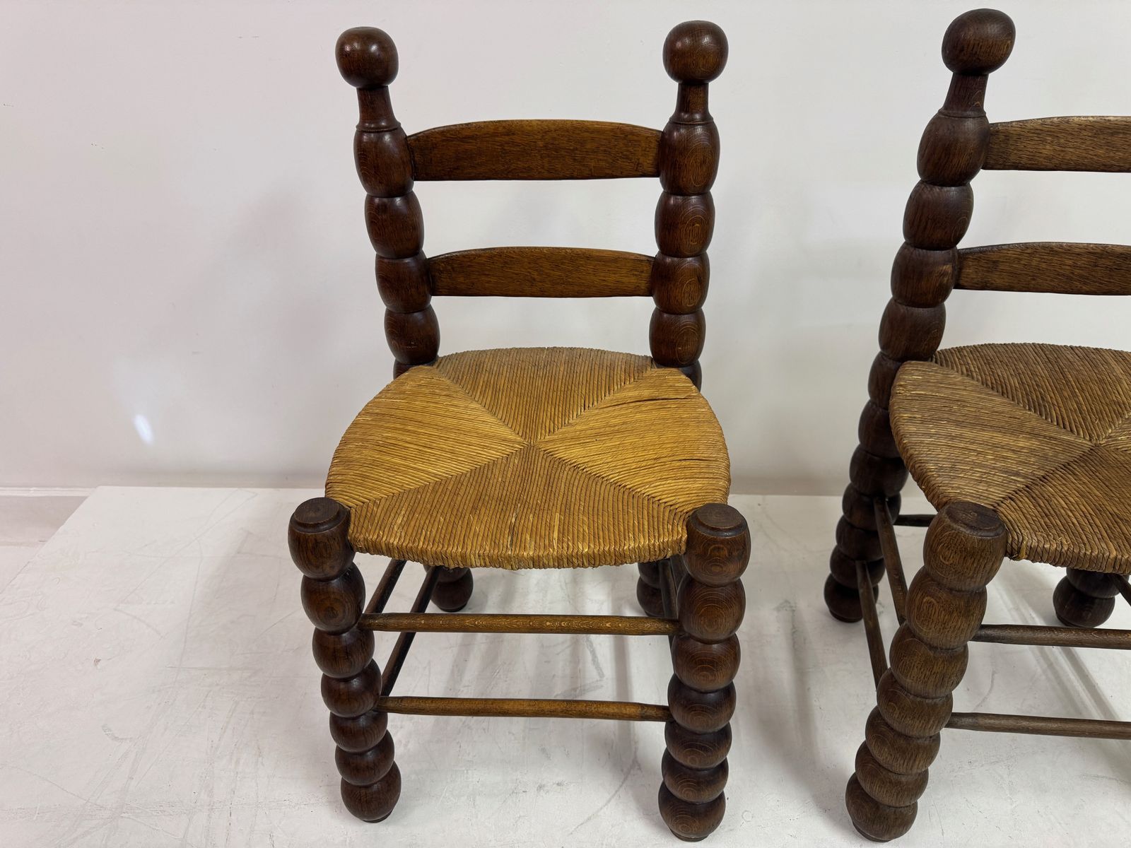 photo vinterior Pair Of French Turned Wood Chairs With Rush Seats, In The Style Of Charles Dudouyt, 1940s