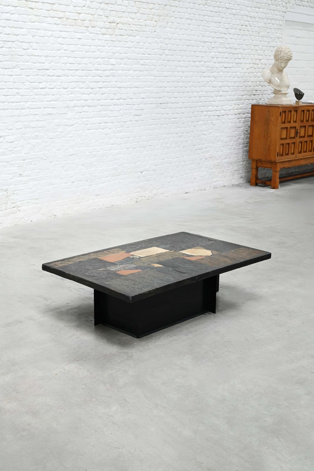 Paul Kingma Slate, Stone, And Brass Inlaid Coffee Table, 1970's photo vinterior