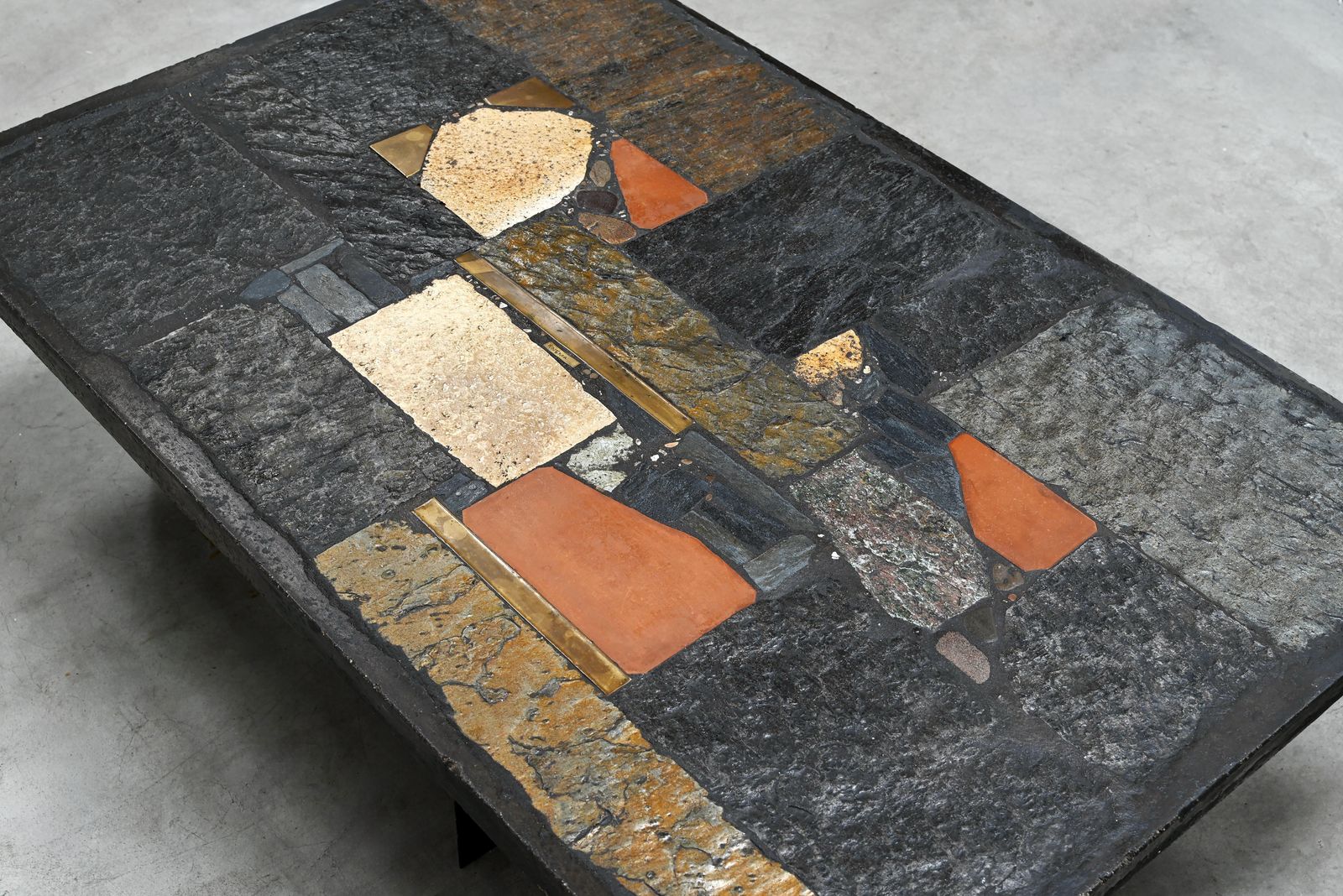 Paul Kingma Slate, Stone, And Brass Inlaid Coffee Table, 1970's photo vintage