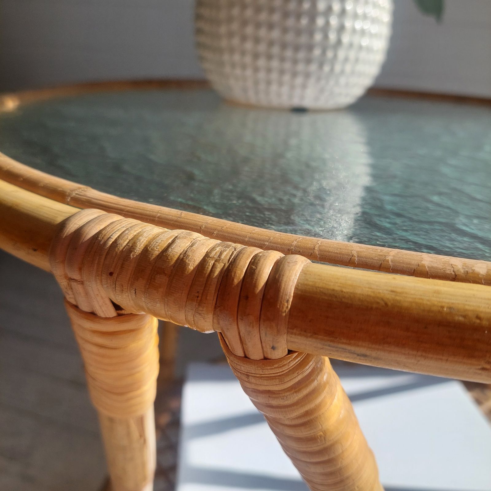 photo buy Mid Century Round Bamboo Coffee Table Vintage Rattan Glass Rohé Noordwolde Style 60s 70s