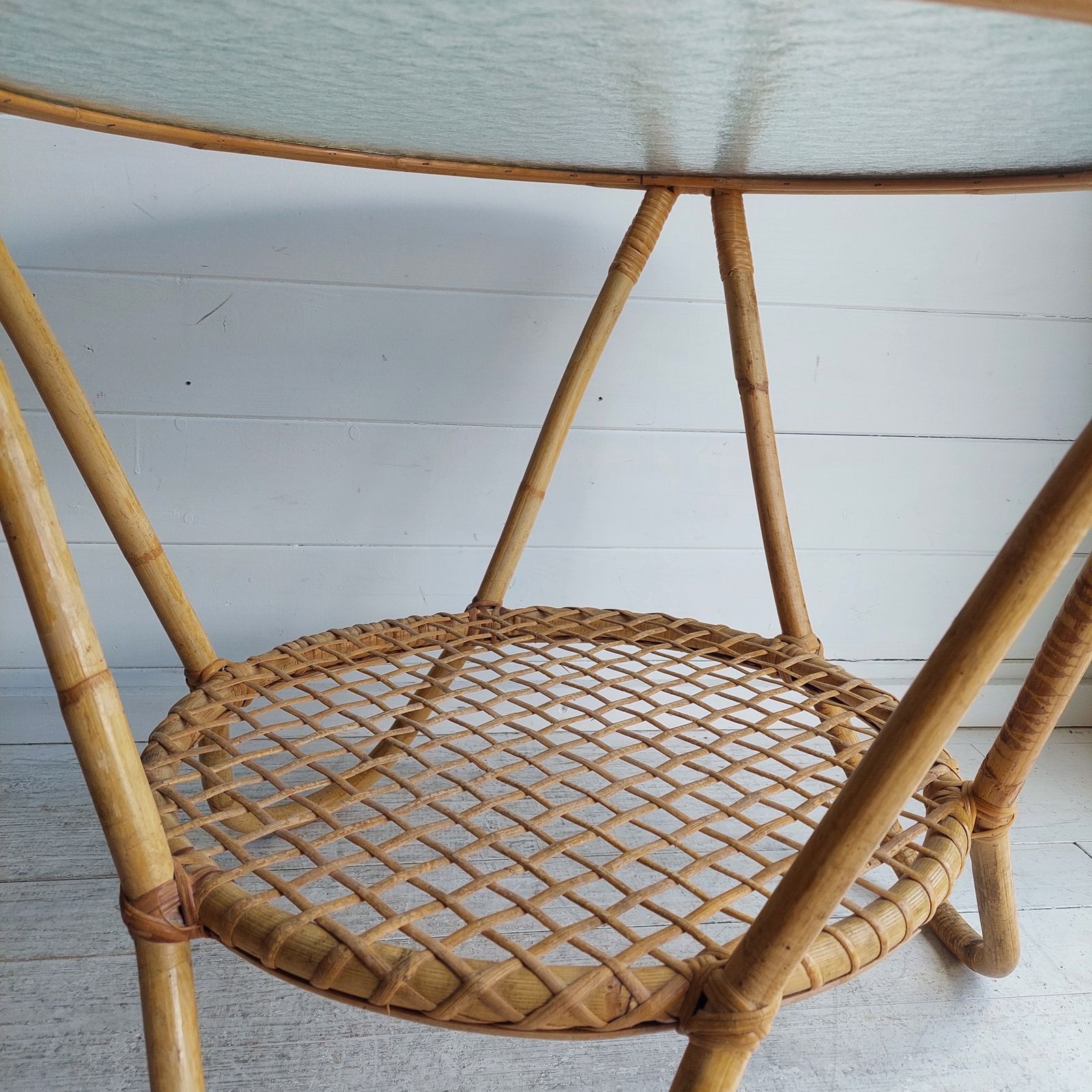 photo for sale Mid Century Round Bamboo Coffee Table Vintage Rattan Glass Rohé Noordwolde Style 60s 70s