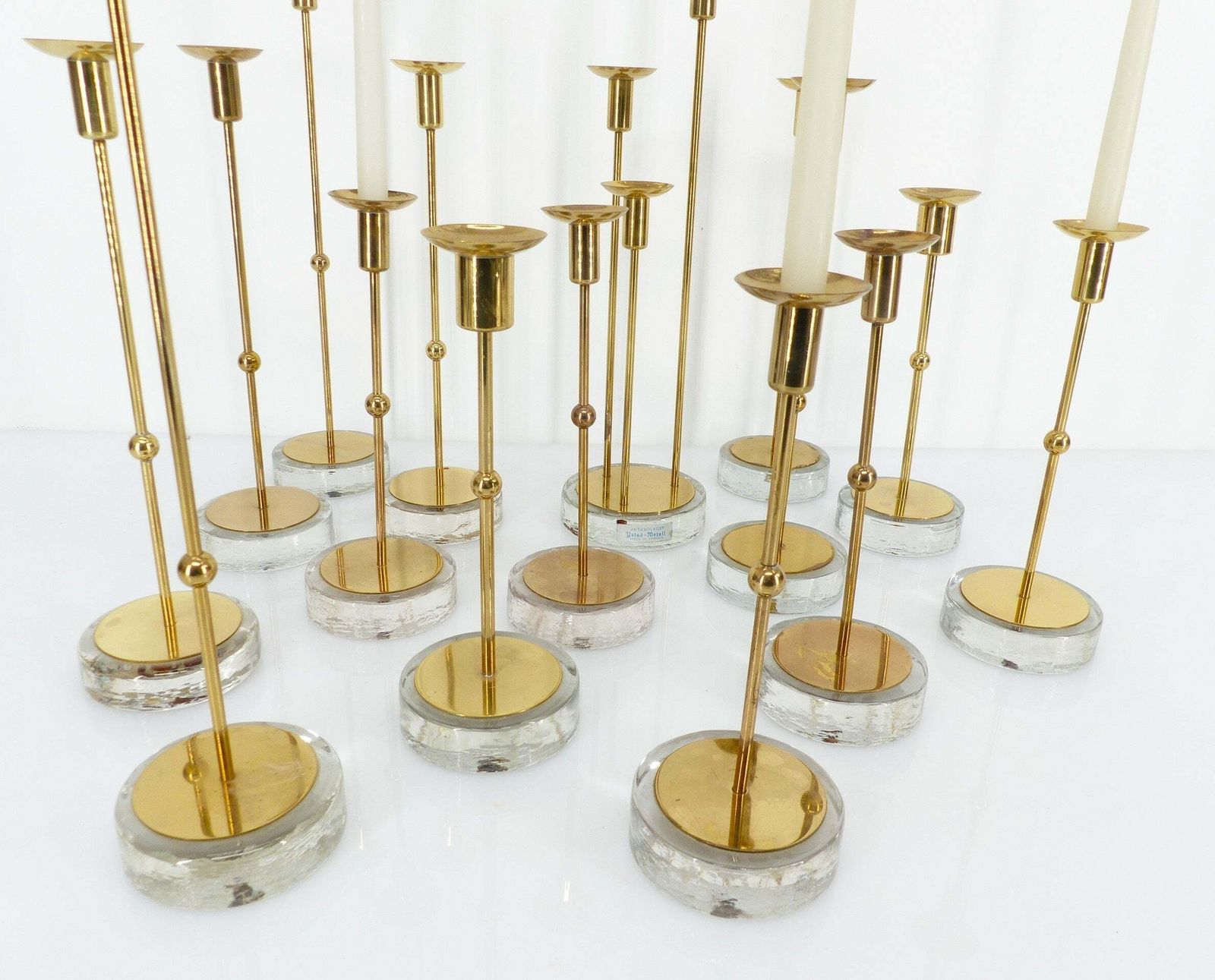 Set Of 15 Scandinavian Candlesticks In Brass And Glass, Gunnar Ander, Ystad Metall, Sweden 1960 photo 2200.0