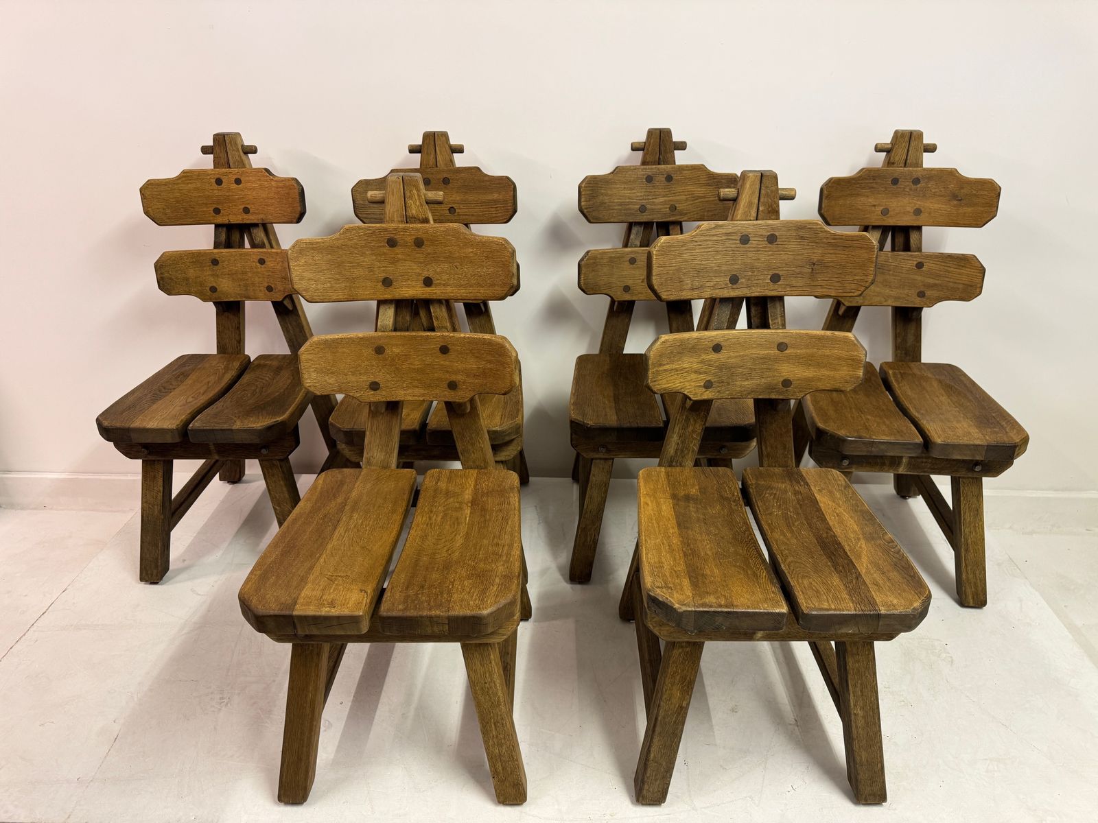 Set Of Six Brutalist Dining Chairs In Oak, Low Countries, 1960s photo buy