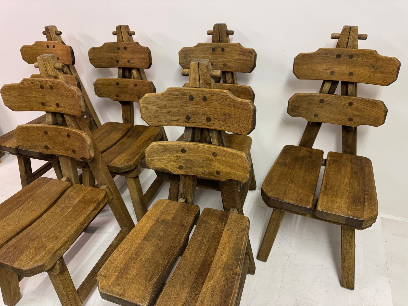 Set Of Six Brutalist Dining Chairs In Oak, Low Countries, 1960s photo vintage