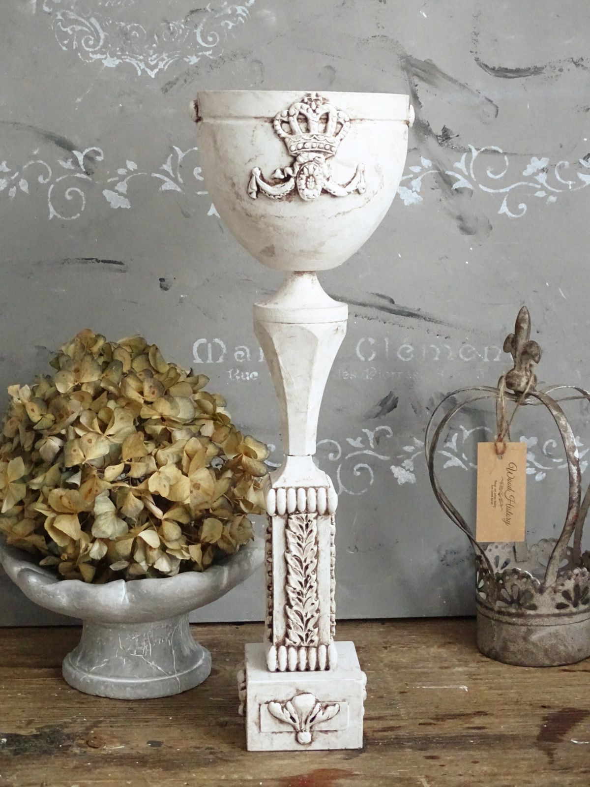 White Metal Pedestal Urn Vase: Shabby Chic Planter photo vinterior