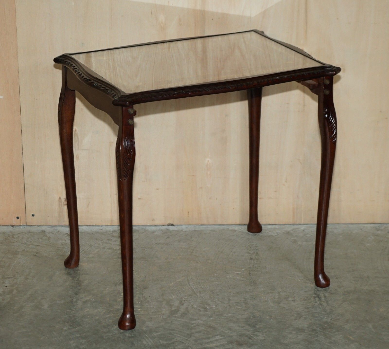 Vintage Nest Of Three Gold Leaf Embossed Brown Leather Tops Side End Wine Tables photo for sale