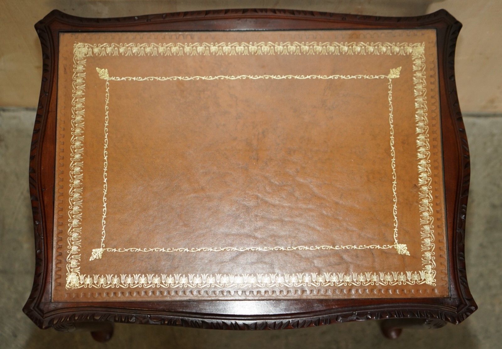 Vintage Nest Of Three Gold Leaf Embossed Brown Leather Tops Side End Wine Tables photo vintage