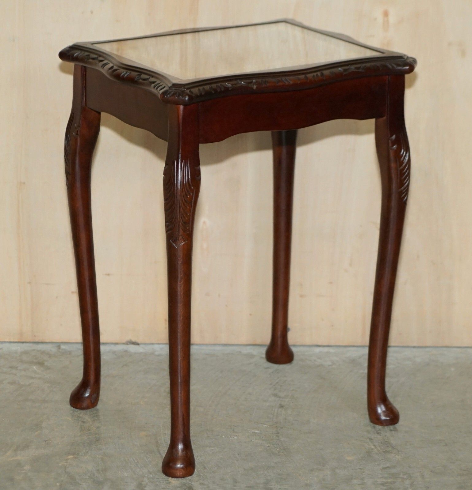 Furniture Vintage Nest Of Three Gold Leaf Embossed Brown Leather Tops Side End Wine Tables photo