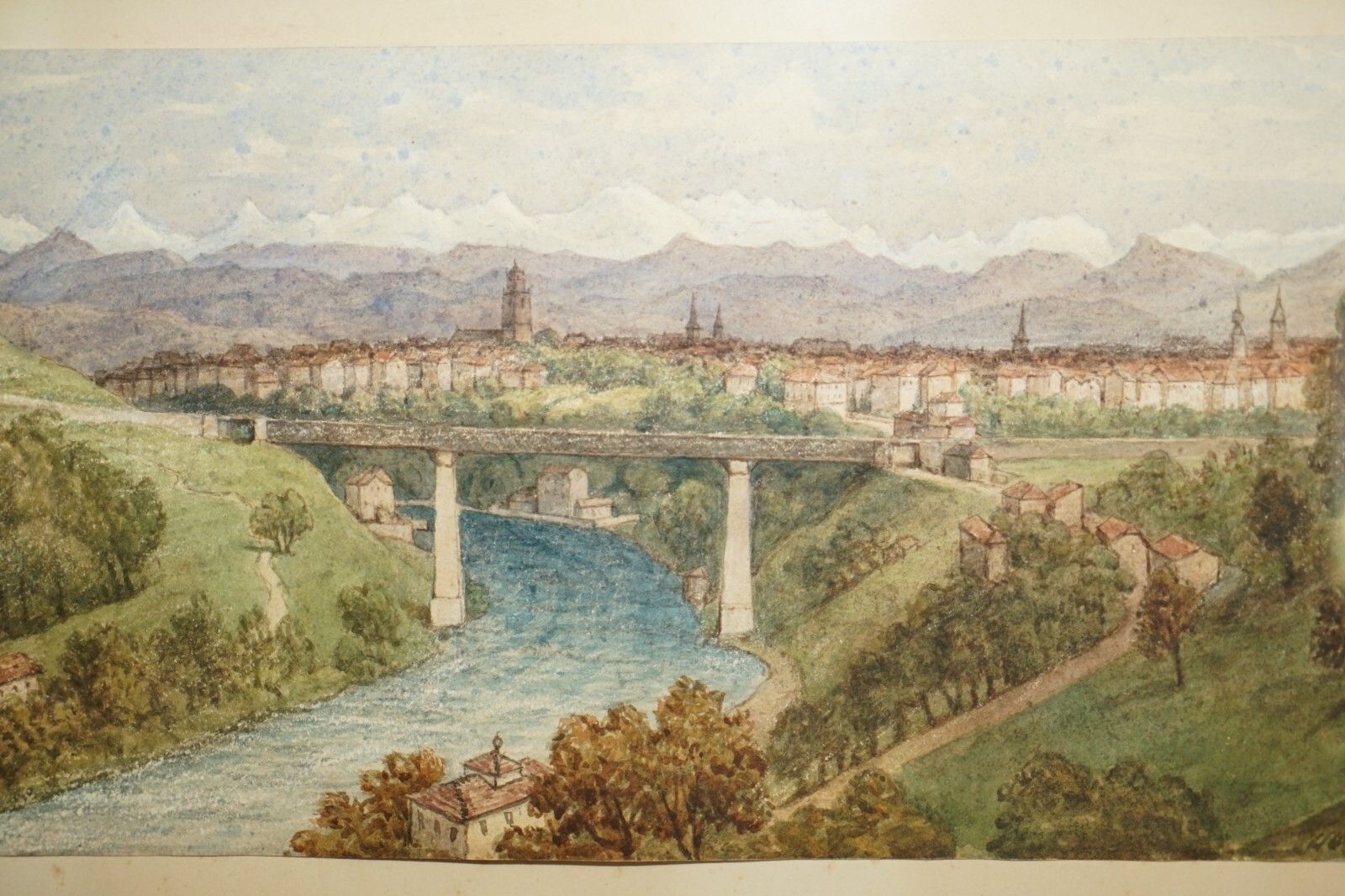 Fine Antique Dated 1850 Watercolour Painting Of A Bridge In Berne Switzerland photo vintage