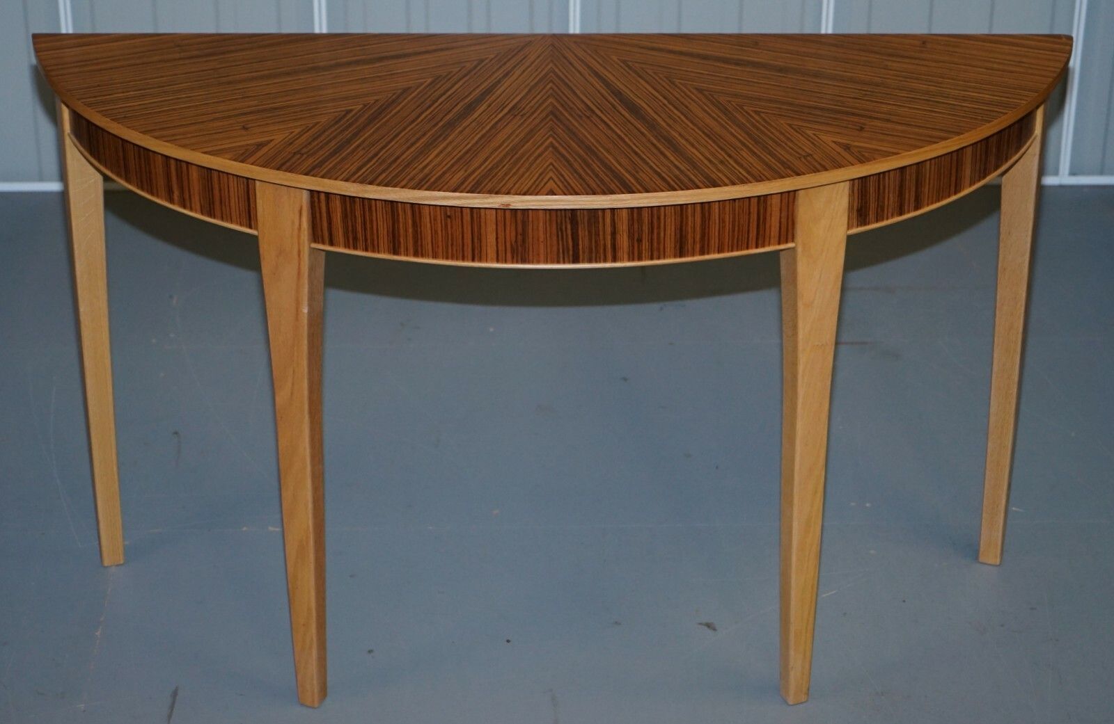 Brand New Ex Display Bevan Funnell Phoenix Zebrano Wood Demi Lune Console Table photo for sale