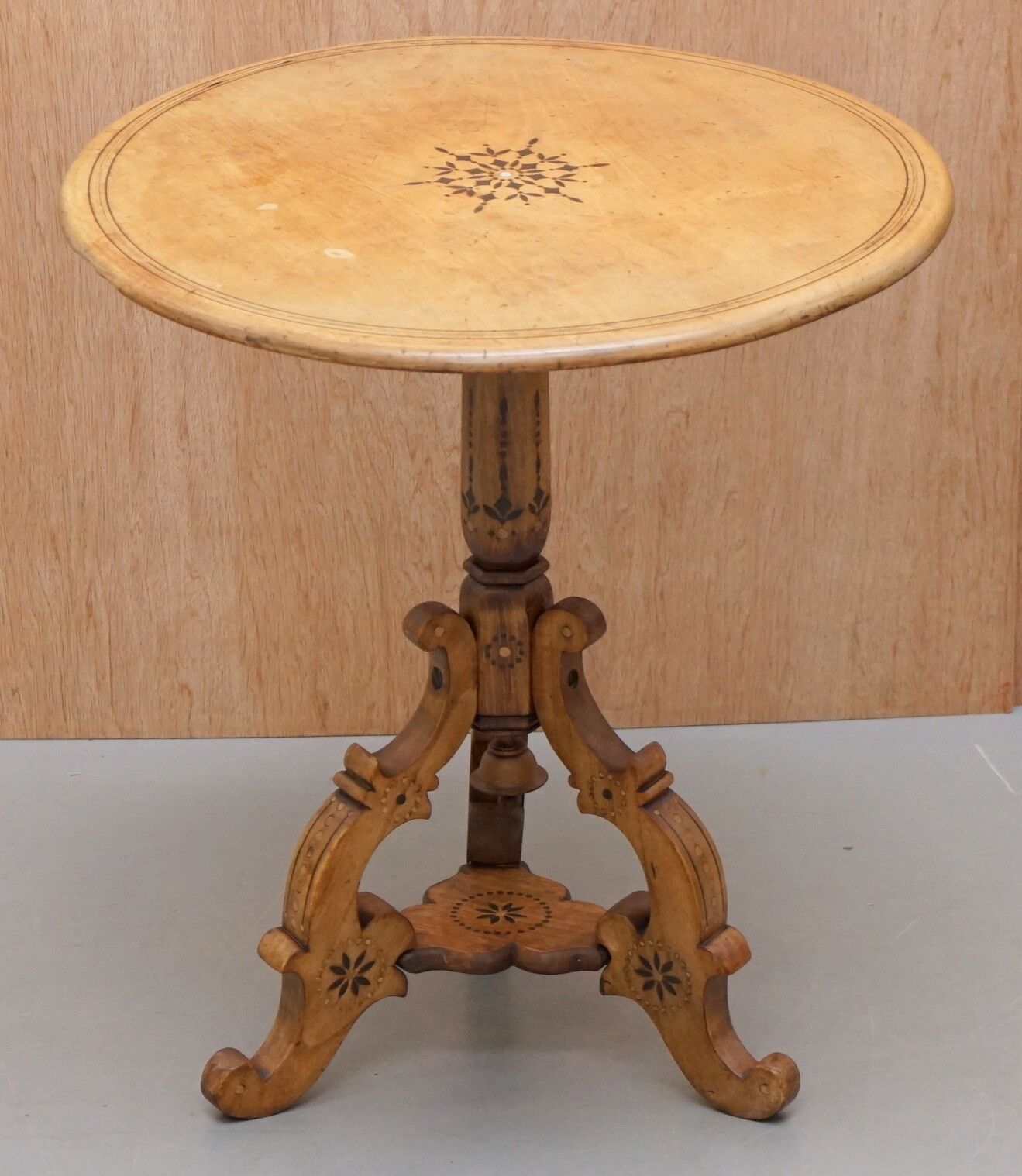 Victorian Sycamore Wood Mother Of Pearl Inlay Round Tilt Top Occasional Table photo furniture