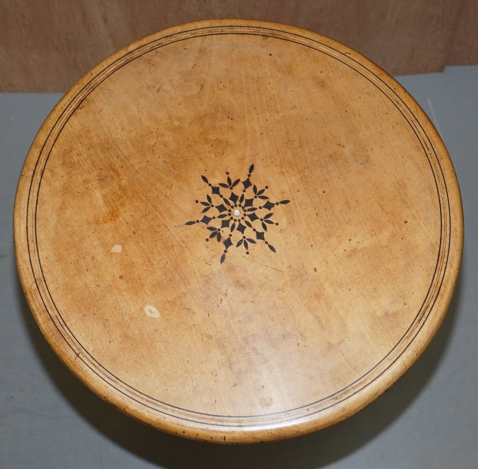 Victorian Sycamore Wood Mother Of Pearl Inlay Round Tilt Top Occasional Table photo for sale