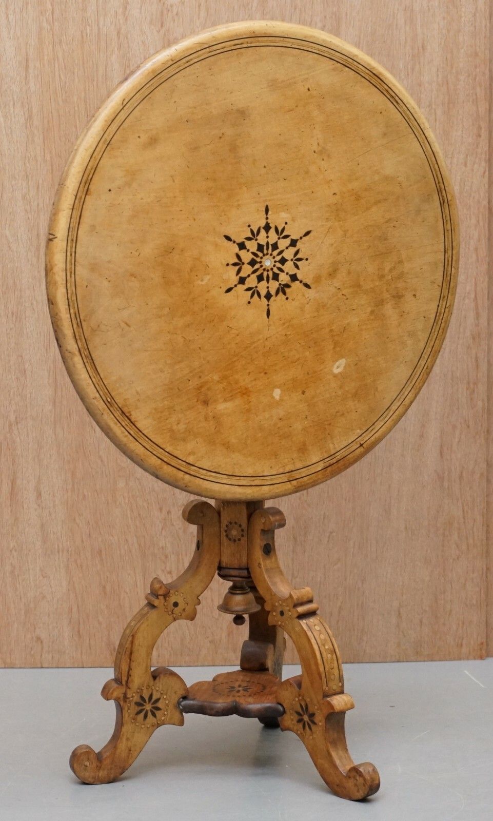 photo for sale Victorian Sycamore Wood Mother Of Pearl Inlay Round Tilt Top Occasional Table