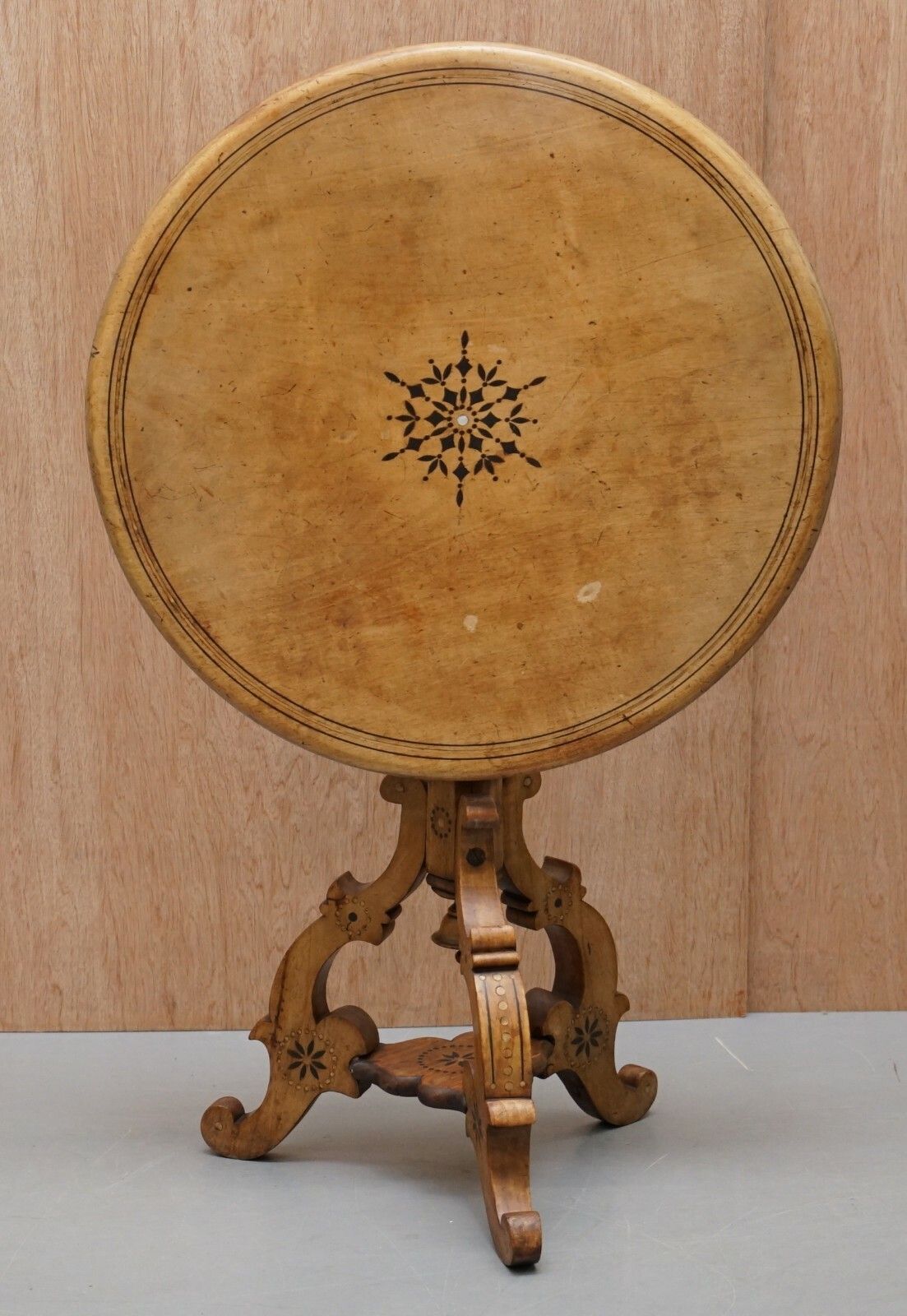 Furniture Victorian Sycamore Wood Mother Of Pearl Inlay Round Tilt Top Occasional Table photo