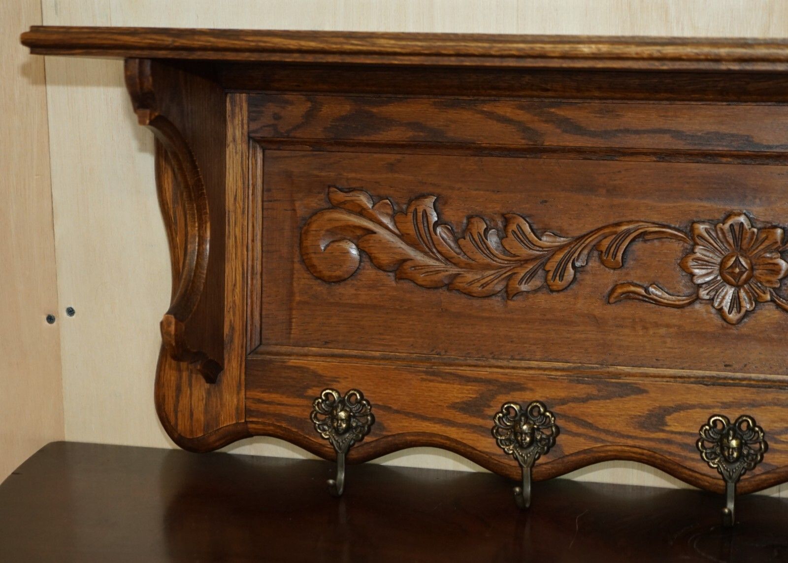 Antique Dutch Heavily Carved Oak Coat Hat Scarf Wall Rack Hanger Royal Hooks photo for sale