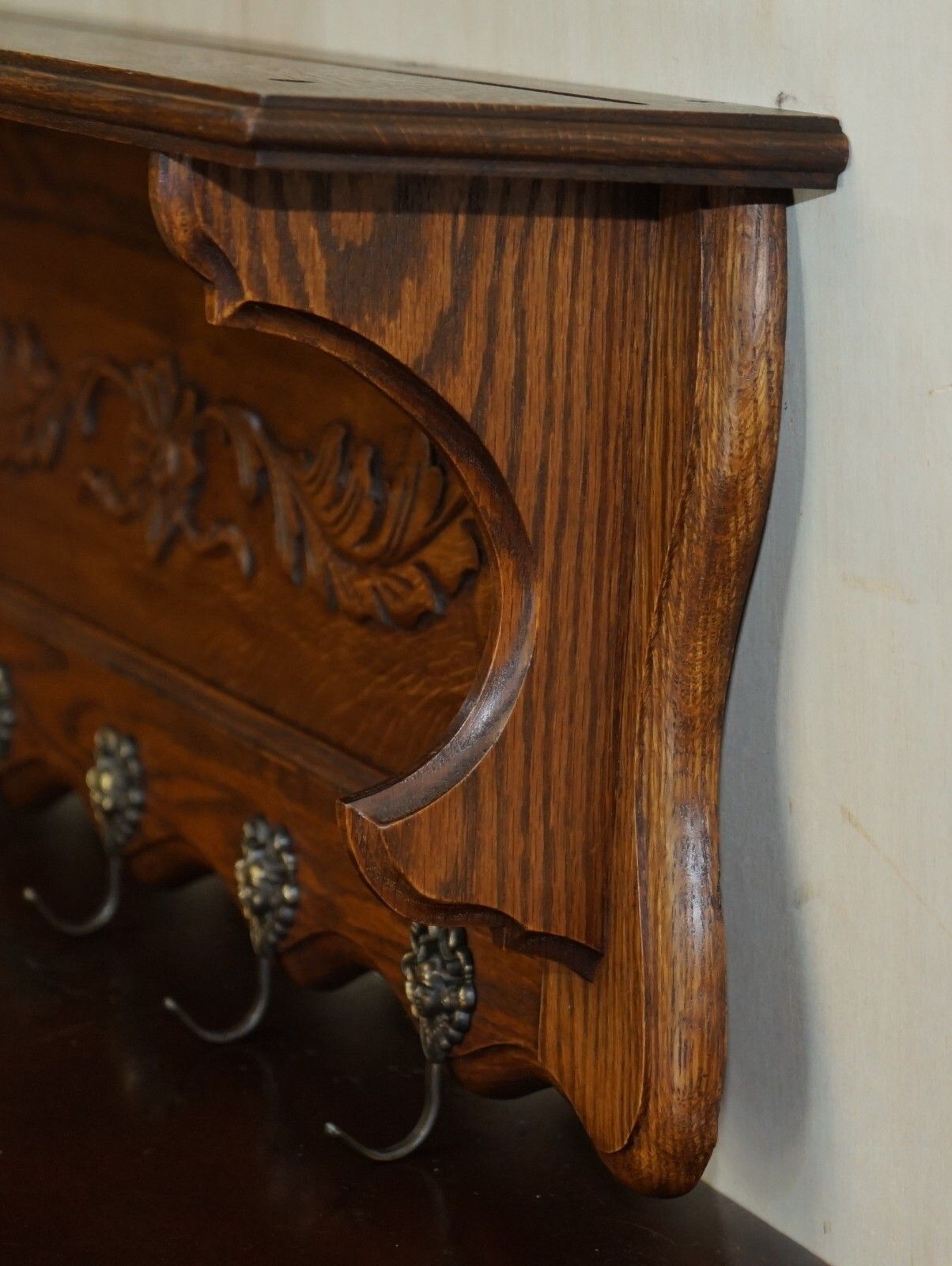 Furniture Antique Dutch Heavily Carved Oak Coat Hat Scarf Wall Rack Hanger Royal Hooks photo