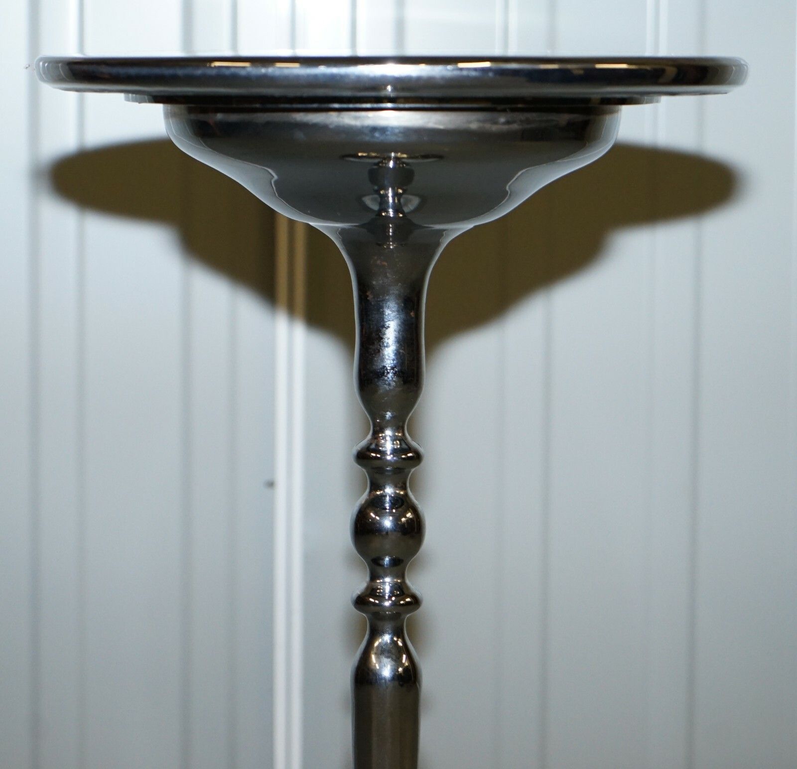 Furniture Pair Of Chrome Plated Vintage Side Tables On Solid Oak Bases Part Of Large Suite photo