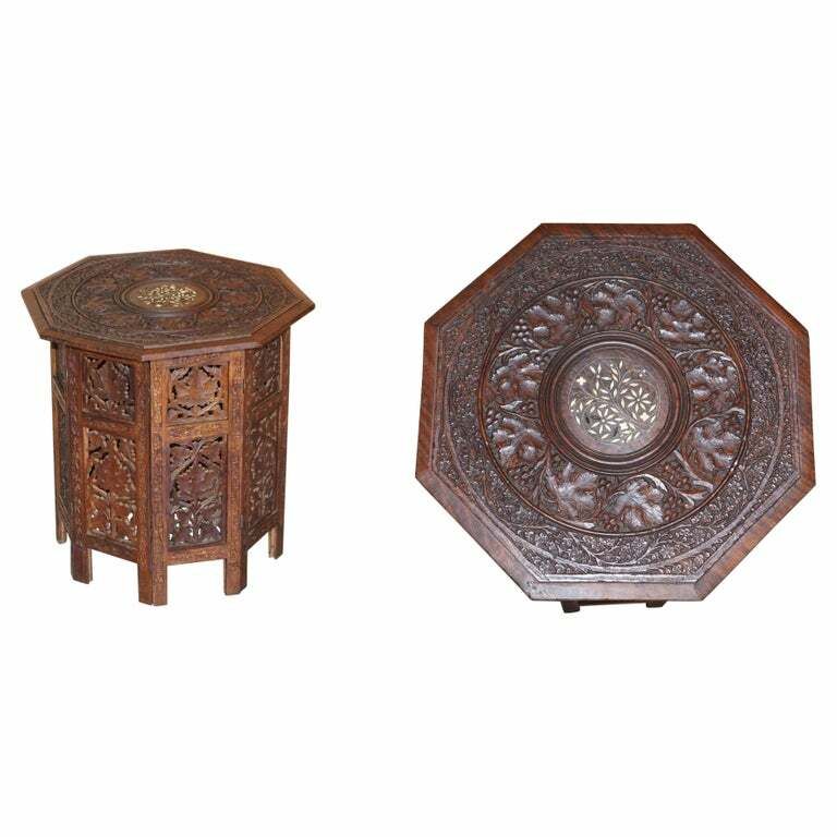 Antique Hand Carved Burmese Rosewood Antique Octagonal Side End Lamp Wine Table