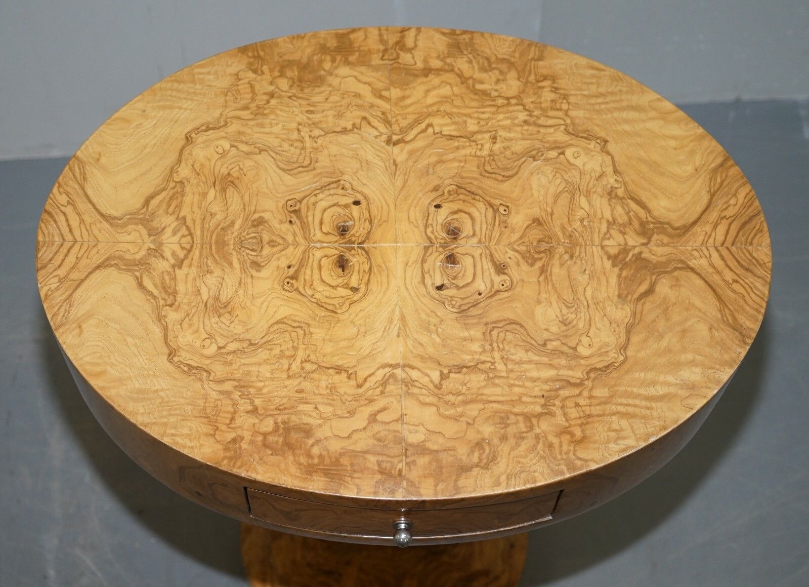 Lovely Art Deco Style Burr Walut Side End Lamp Table With Euro Sign Base photo for sale