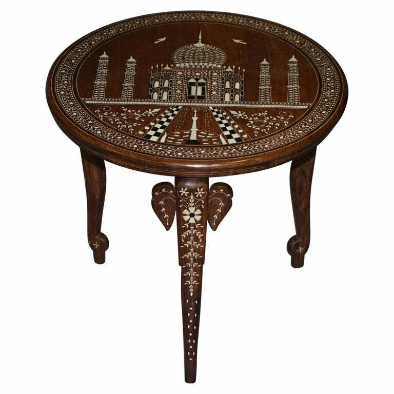 Rare Anglo Indian Export Taj Mahal Elephant Rosewood Inlaid Side Lamp Wine Table