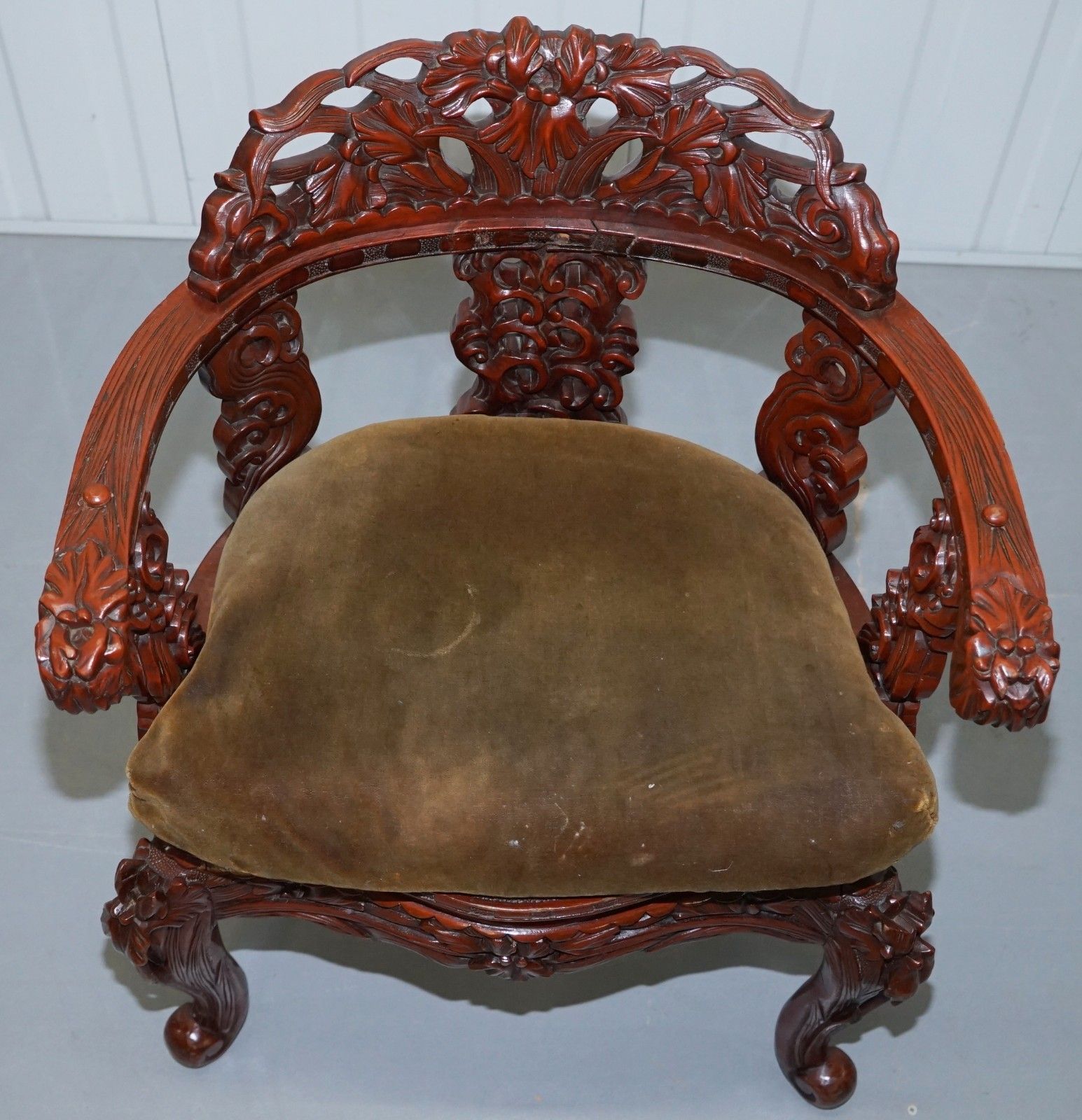 Vintage Chinese Red Lacquered Carved Elm Armchair With Heavy Foliage Detailing photo Furniture