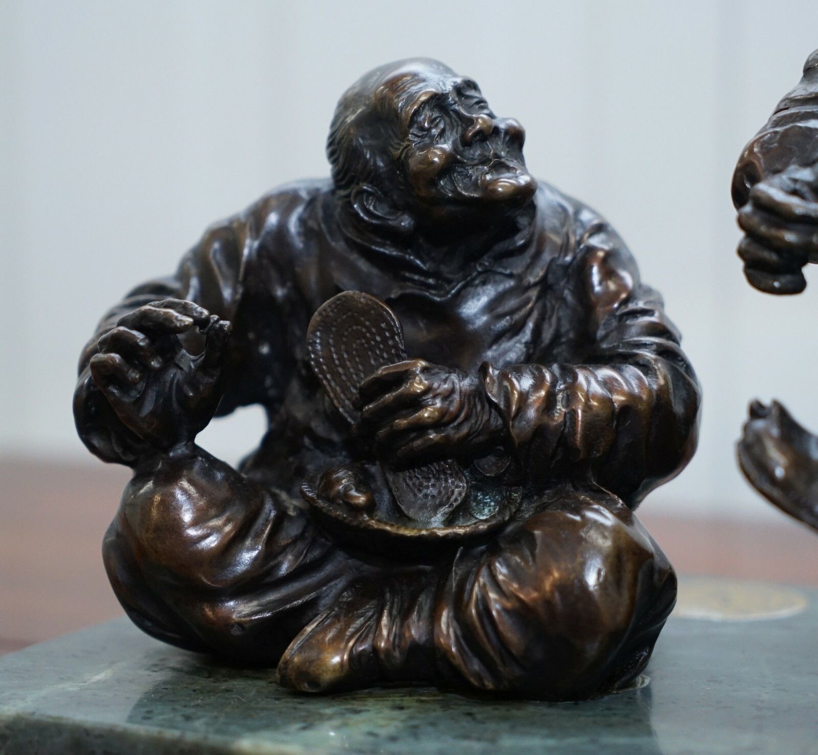 Signed Antique Chinese Bronze Statue Of Two Men One A Solid Green Marble Base photo Art