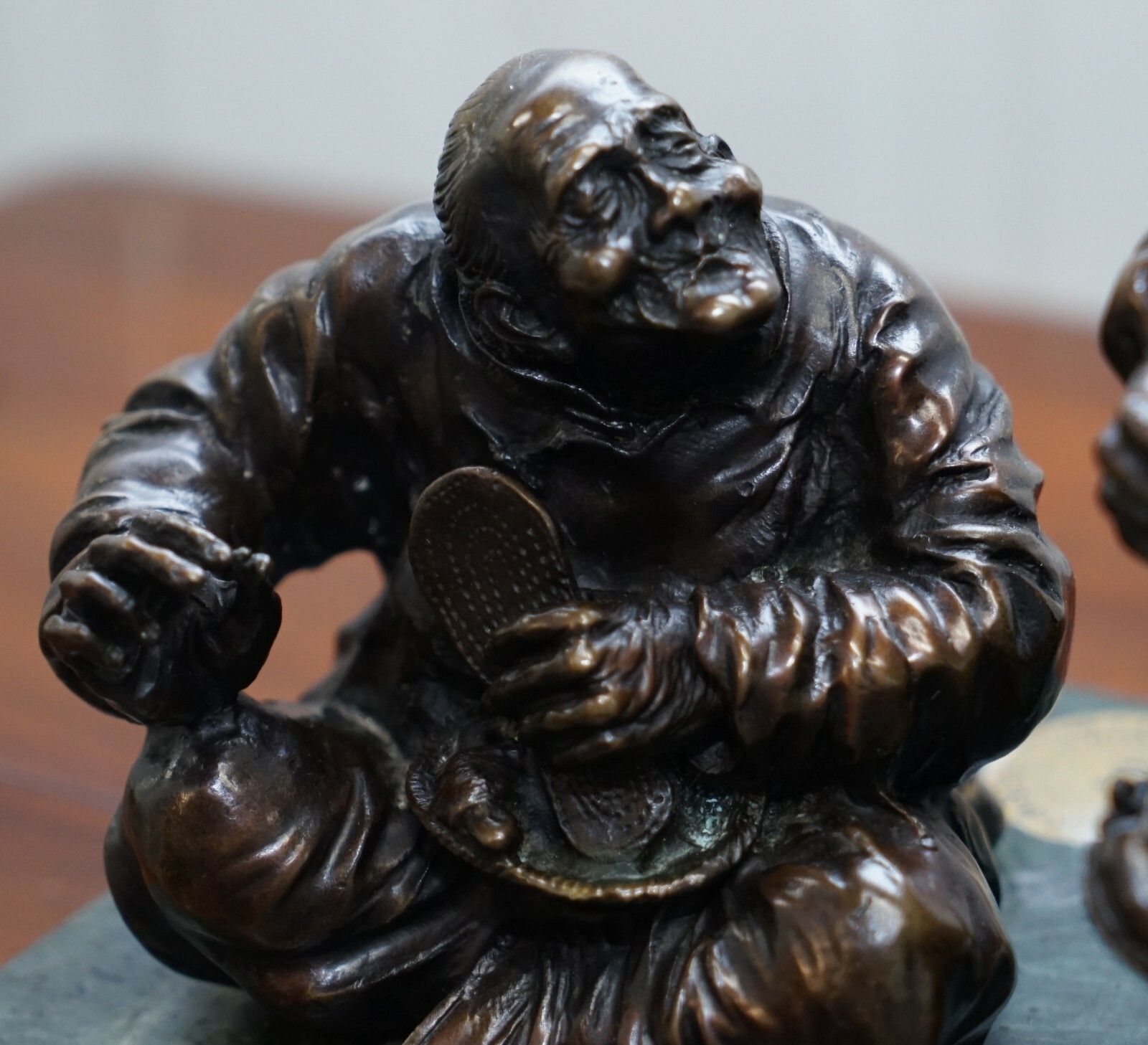 Signed Antique Chinese Bronze Statue Of Two Men One A Solid Green Marble Base photo 950.0