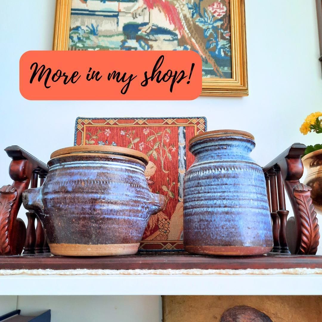 Two Rustic Studio Pottery Lidded Jars Blue Purple Brown Glaze, Rustic Kitchen Storage photo buy