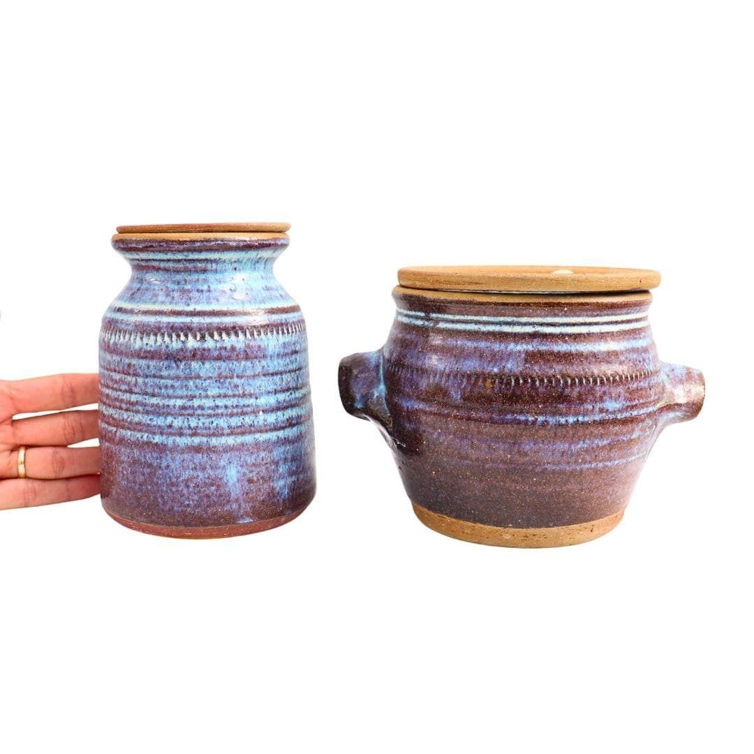 Two Rustic Studio Pottery Lidded Jars Blue Purple Brown Glaze, Rustic Kitchen Storage photo vintage