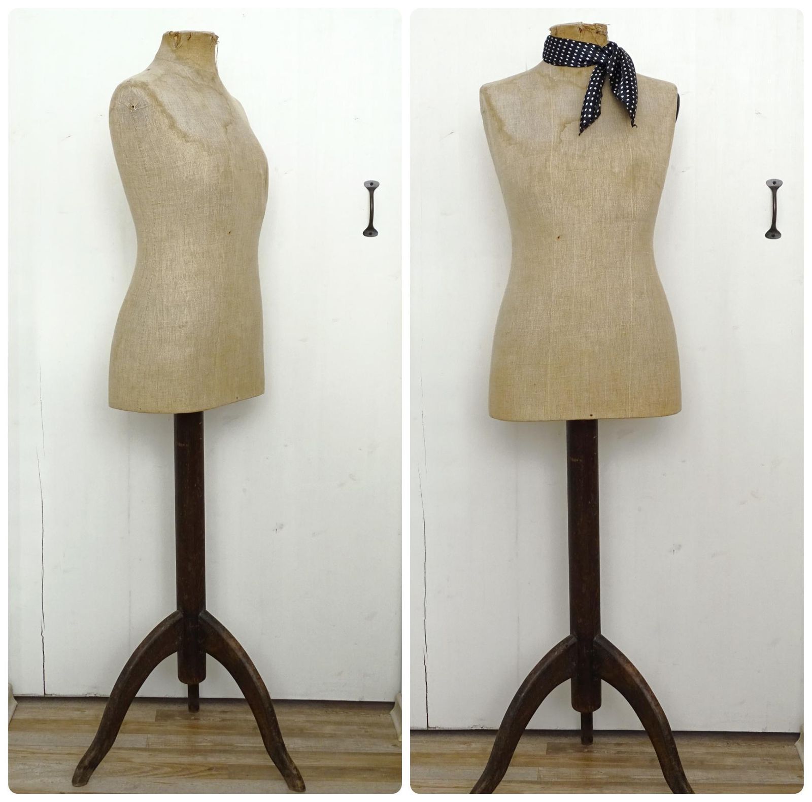Antique French Mannequin: Tailor Dummy Female Dress Form, Oak Stand photo vinterior