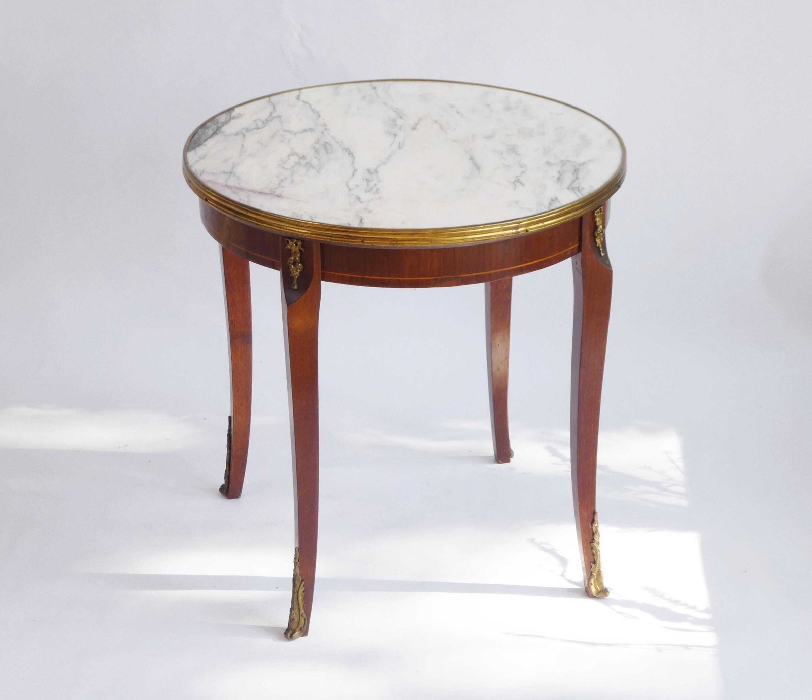 Antique French Round Coffee Table, Louis XV Style Side Table With Mable Top And Brass Details