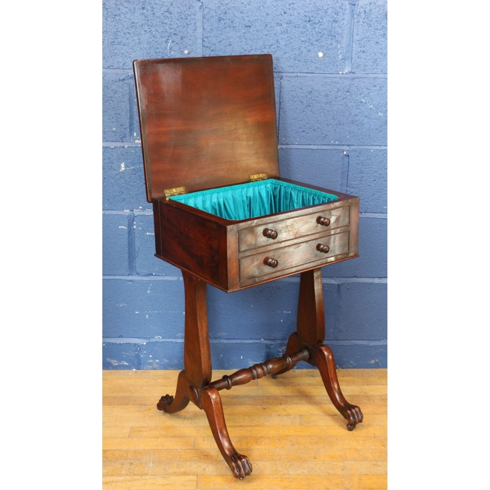 A Regency Mahogany Workbox Or Sewingbox Raised On Paw Feet And Lyre Supports photo 380.0