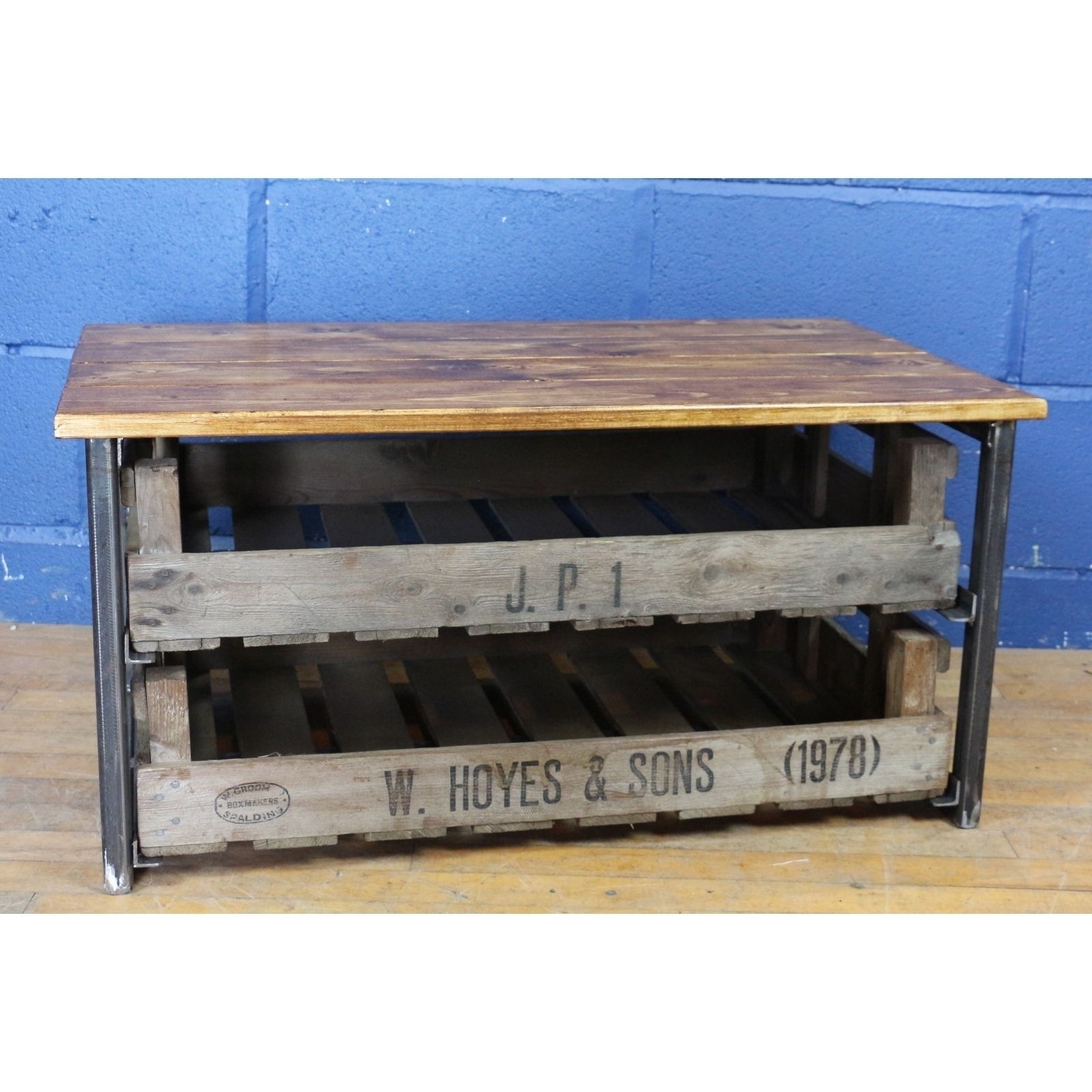 An Industrial Two Drawer Coffee Table, Shoe Rack, Set With Potato Chitting Trays