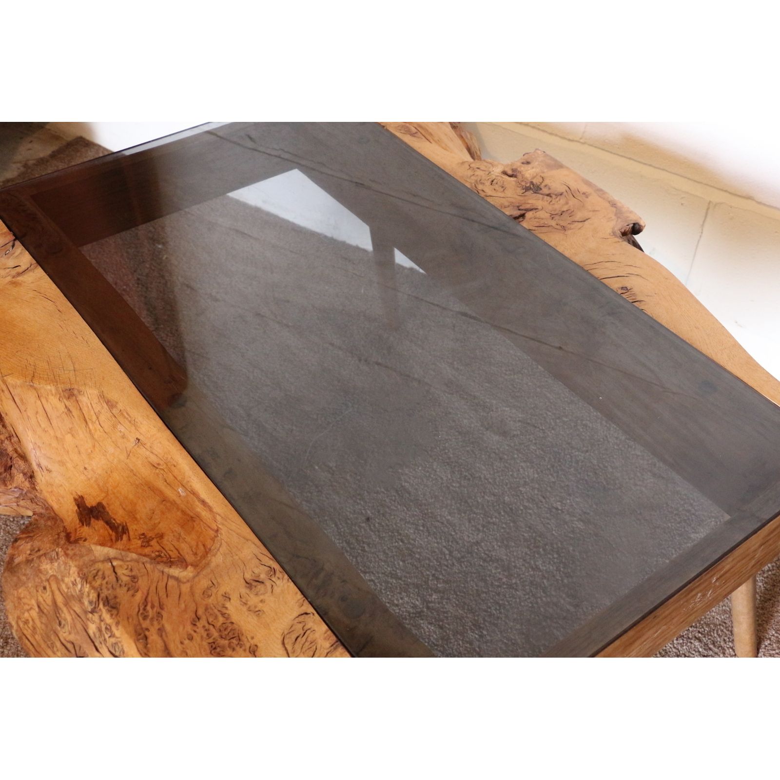 A Bur Wood & Smoked Glass Coffee Table Raised On Angled Tapering Supports photo 220.0