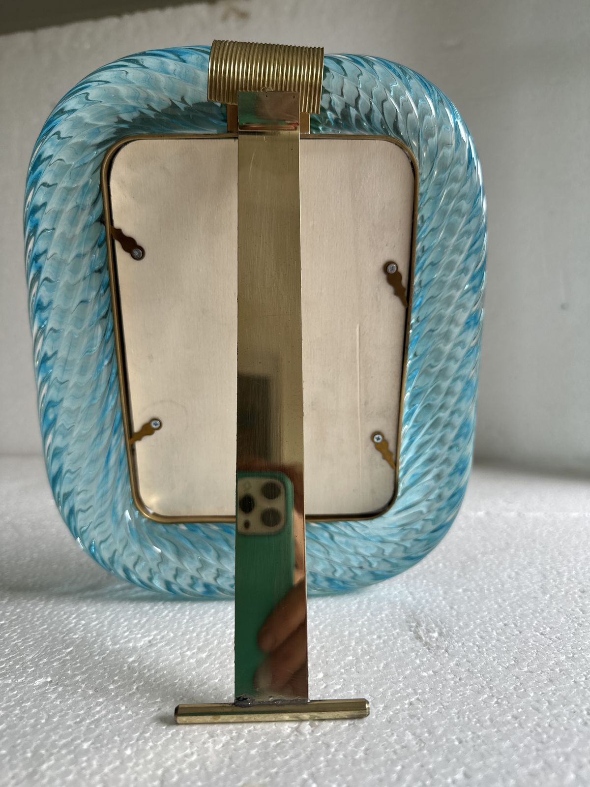Mid Century Modern Style Light Blue "Torchon" Murano Glass Small Picture Frame And Brass In Barovier Style photo 1100.0