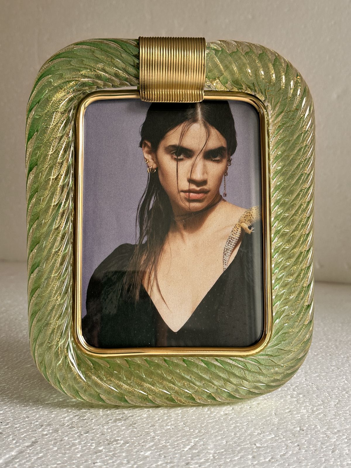 Mid Century Modern Style Green "Torchon" Murano Small Glass Picture Frame And Brass In Barovier Style photo buy