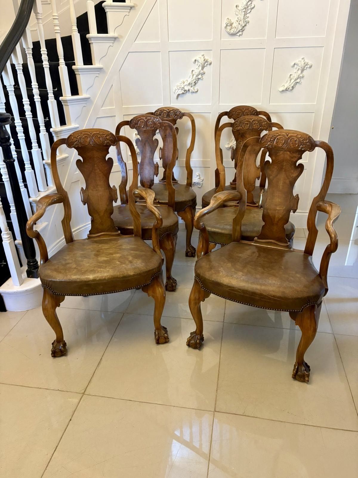 Outstanding Quality Set Of 6 Antique 19th Century Carved Walnut Dining Chairs