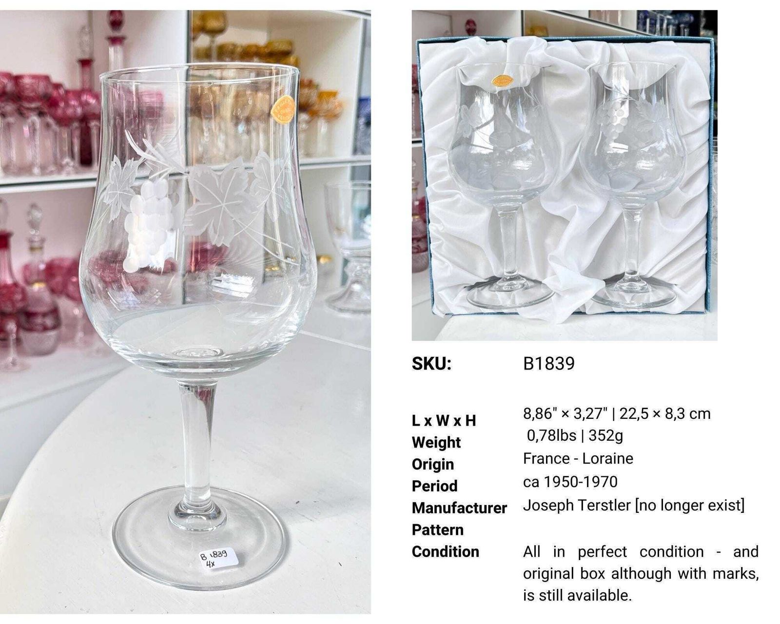 Xl Kristallen Wijnglas | Gegraveerde Druiven | Joseph Terstler Frans photo for sale