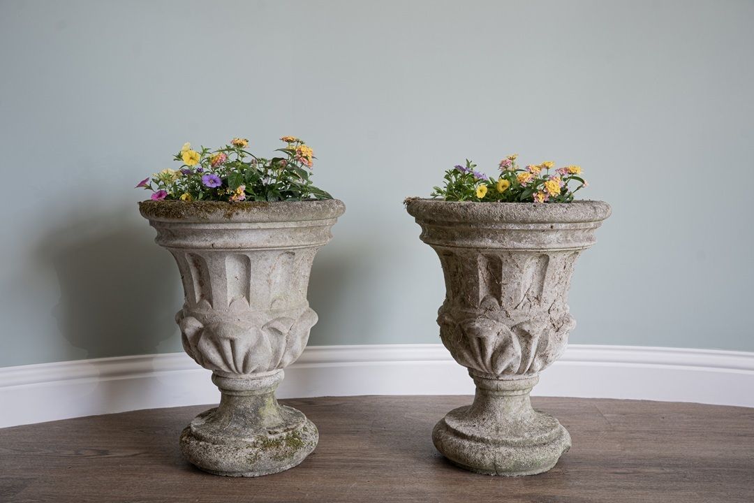 A Pair Cast Stone Antique Garden Urns