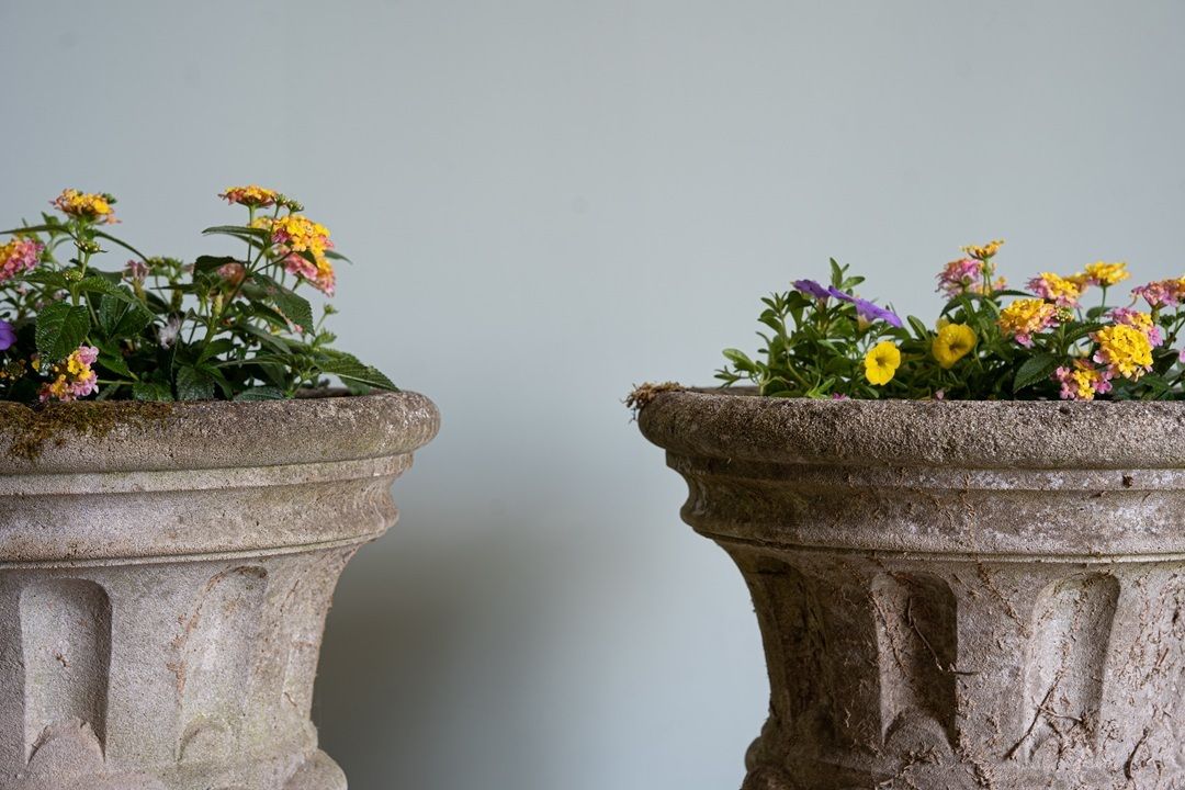A Pair Cast Stone Antique Garden Urns photo vintage