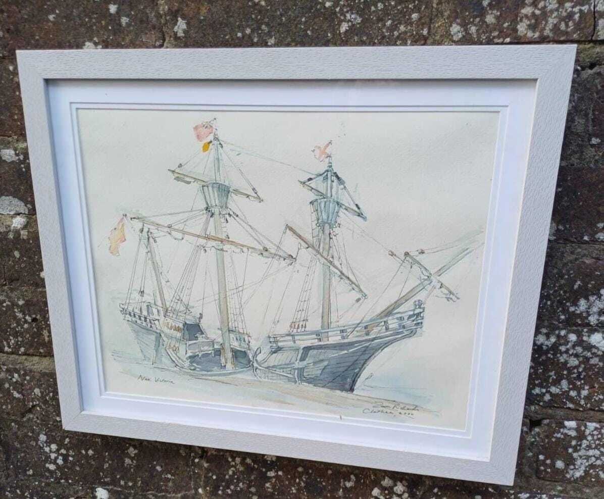 Original Nautical Ship Watercolour, “Nao Victoria” Chatham, Signed Maritime Painting By Z Richards, Historic Sailing Vessel In White Frame
